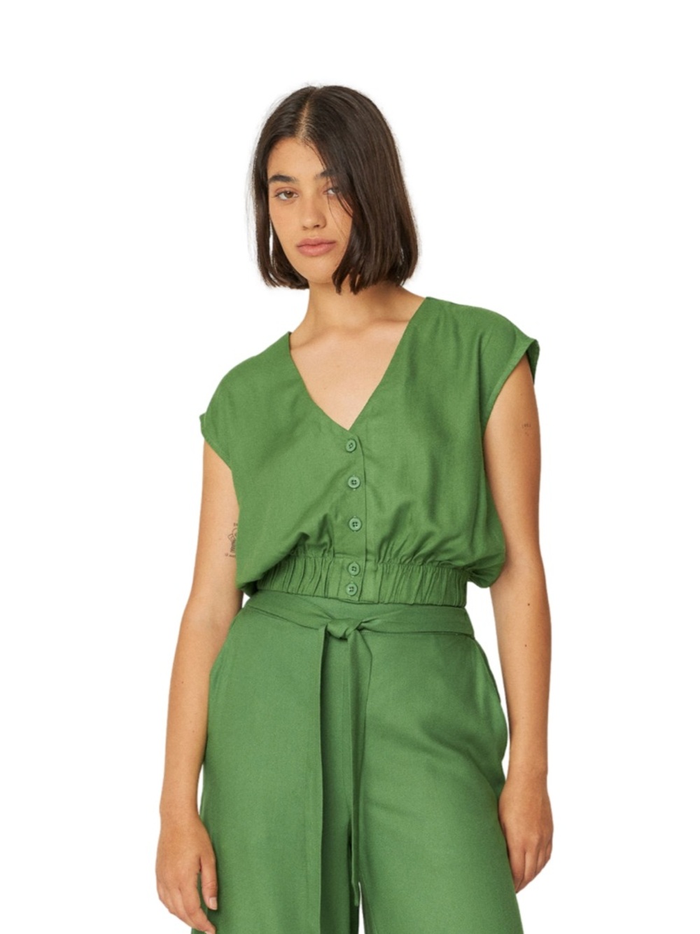 SKFK Hegan Basil Green Cropped Top EcoVero Button Front Boho Resort Size 6